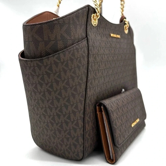 Michael Kors Large Jet Set Travel Chain Shoulder Bag & Trifold Wallet Brown - Picture 4 of 14